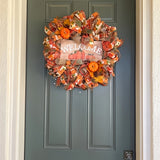 Charming Fall Welcome Wreath - 16" Pumpkin & Autumn Leaves Design, Perfect for Thanksgiving & Halloween Decor, Easy-to-Hang Fabric Door Accent