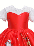 Christmas Themed Princess Dress for Girls - Party Style Red Bowknot Christmas Dress with Santa and Snowman Print, All-Season Woven Poly Cotton Dress, Regular Fit, Non-Stretch, for Children'S Holiday Parties