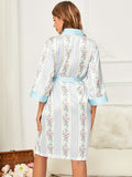 Floral Print Night Robe, Long Sleeve V Neck House Robe With Belt, Women's Sleepwear