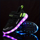 Boy's Trendy Skate Shoes With LED Light Up Design, Comfy Non Slip Casual Hook & Loop Fastener Sneakers