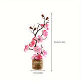 Boho Style Artificial Plum Blossom Swag Set with Woven Vase - Plastic Fake Flower Branches for Simplistic Home Decor - Ideal for Easter, Hanukkah, Thanksgiving - Perfect Mother's Day Gift (1 Set)