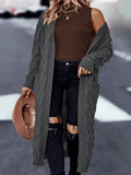 Plus Size Solid Cable Knit Open Front Cardigan, Elegant Pocket Hooded Long Sleeve Long Length Knitted Cardigan, Women's Plus Size Clothing