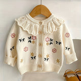 Spring And Autumn New Floral Embroidery Ruffle Collar Kids Knitted Sweater Top, Cotton Long-sleeved Baby Girl Cardigan Coat