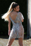 goosudu Sparkle See Through Sheer Sequin Dress - Silver