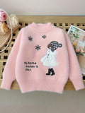 Girls Knit Sweater 'Girl & Snowflake' Pattern Embroidery Pullover Top Round Neck Knitwear For Fall Winter