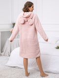 Casual Solid Fleece Night Robe, Long Sleeve Hooded Thickened Robe With Pockets, Women's Sleepwear & Dresses