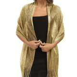 Shimmering Metallic Glam Shawl - Round Buckle Tassel Wrap - Perfect for Evening Parties & Weddings - A Versatile Dress-Up Accessory