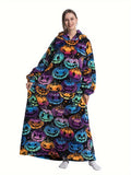 Cozy Halloween Pumpkin Fleece Hoodie - Oversized Wearable Blanket with Long Sleeves, Plus Size Available