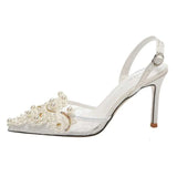 French Pearl Sandals Women Satin White Wedding Elegant Sexy Flower Heels Bridal Shoes Kq8