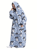 Plus Size Puppy Pattern Sherpa Fleece Oversized Ultra Soft Warm Wearable Blanket, Women's Plus Cute Sleepwear Thickened Blanket Hoodie