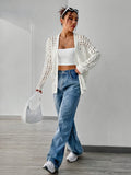 Plus Size Solid Color Hollow Out Knitted Cardigan, Casual Open Front Long Sleeve Cardigan, Women's Plus Size Clothing