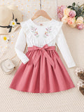 Elegant Floral Princess Dress for Girls - Chic Ruffled Design with Belt, Long Sleeves, All-Season Polyester Wear