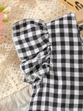 Girls Charming Gingham Ruffle Sleeve Dress Shirt - Fashionable Square Neck, Lettuce Trim, Non-Stretch Woven Fabric, Machine Washable, Perfect for Summer Picnic Outfits and Casual Occasions