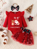 2pcs Baby's "My 1st Christmas" Cartoon Santa Elk Print Bodysuit + Hairband + Mesh Splicing Skirt, Toddler & Infant Girl's Clothing Set, Outdoor Cloth