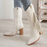 Autumn/Winter Pointy Chunky Mid-Leg Knight Boots Embroidered Totem White New Western Cowboy Boots Kq8