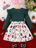 Girls' Festive Christmas Dress with Ruffle Trim & Bow - Snowman, Candy Cane & Tree Print - Perfect for Holiday Parties & Gifts, for Christmas, Autumn