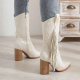 Autumn/Winter Pointy Chunky Mid-Leg Knight Boots Embroidered Totem White New Western Cowboy Boots Kq8