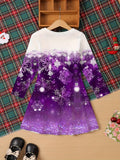 Kids' Festive Snowflake Print Long Sleeve Dress, Casual Christmas Applique Tunic, Polyester Knit Knee High with Slight Stretch, Holiday Party Knee-Length Dress for Ages 3-12