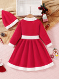 Cute Girls Holiday Style Santa Dress + Plush Christmas Hat, Suitable For Fall/ Winter Daily & Outdoor Wear, Christmas Party Outfit, Perfect Gift