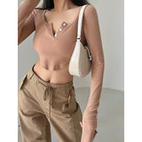 goosudu Olivia Solid Color Button Up Long Sleeve Ribbed Slim Cropped Top