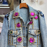 Women's Jackets Spring Women Fashion Rivet Diamonds Short Denim Jacket Loose Streetwear Casual Lapel Long Sleeve Jeans Coat Female