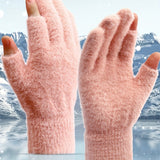Open Fingers Plush Gloves Solid Color Plus Velvet Thickened Warm Gloves Convenient Touch Screen Gloves Women's Winter Coldproof Writing Gloves