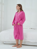 Elegant Solid Waffle Night Robe, Long Sleeve V Neck Quick-drying Bathrobe With Belt, Women's Sleepwear & Dresses