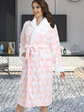 Cozy Star & Moon Print Women's Bathrobe with Belt - Plush Long Sleeve, V-Neck Lounge Robe with Pockets, Machine Washable