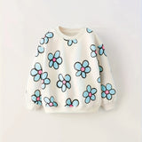 Girls' Spring/Fall Cotton Blend Floral Sweatshirt - Rib-Knit Crew Neck, Comfort Stretch & Vibrant Print