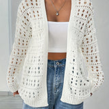 Plus Size Solid Color Hollow Out Knitted Cardigan, Casual Open Front Long Sleeve Cardigan, Women's Plus Size Clothing