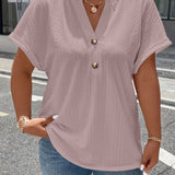 Plus Size Solid Textured T-Shirt, Casual V Neck Short Sleeve T-Shirt, Women's Plus Size Clothing