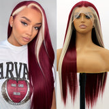 24-Inch Long, 180% Density, Elegant Lace Front Wig - Straight, Heat Resistant, Synthetic Fiber, Burgundy Mixed Blonde Skunk Stripe Style for Women - Perfect for Daily, Party, Cosplay Use