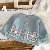 Cozy Autumn Baby Sweater Cardigan - Soft Round Neck, Versatile Hollowed Out Flower Pocket, Long Sleeve, Fashionable, and Adorable for Little Ones