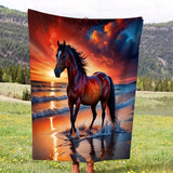 Coastal Horse Print Soft Fleece Blanket - All Seasons, Machine Washable, Animal Theme, Multi-Purpose, Knit Cover, Polyester Material