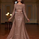 Long Sleeve Sparkling Sequin Bodycon Crew Neck Dress - Backless, Micro Elastic, Floor Length, Elegant Evening Wear for Party & Banquet - Hand Wash, Solid Color, All-Season, Womens Clothing