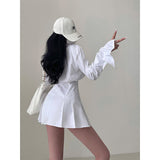 goosudu Chelly Solid Color Slim Long Sleeves Shirt Pleated Button Up Waist Short Mini Dress