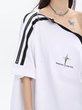 goosudu Lany Zipper Off-the-shoulder Metal Loose Couple T-shirt Top