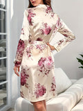 Womens Luxurious Long-Sleeve Satin V-Neck Lounge Robe - Soft Micro Elasticity Polyester Fabric, Casual Floral Print Design, Belted Waist, Machine Washable, Perfect for All Seasons