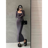 goosudu Ella Solid Color U-Neck Long Sleeve Slim Long Dress