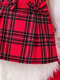 3pcs Girl's Trendy Outfit Set: Sweet Bow Plaid Skirt + Long-Sleeve Solid Shirt + V Neck Knit Vest, Suitable for Spring Fall Daily, Party, Christmas Gift