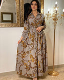 New Arrivals Dress For Women's Muslim French Elegant Long Sleeve Blouse Collar Dress Middle East Pearl Green Printed Skirt