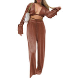 Green Pleated 2Pieces Pants Suits Women Sets Solid Flare Long Sleeve Bandage Crop Tops+Wide Leg Loose Long Pants Outfits