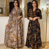 New Arrivals Dress For Women's Muslim French Elegant Long Sleeve Blouse Collar Dress Middle East Pearl Green Printed Skirt