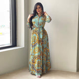 New Arrivals Dress For Women's Muslim French Elegant Long Sleeve Blouse Collar Dress Middle East Pearl Green Printed Skirt