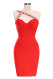 goosudu Rhinestone One Shoulder Bandage Cocktail Dress - Red