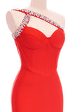 goosudu Rhinestone One Shoulder Bandage Cocktail Dress - Red