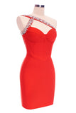 goosudu Rhinestone One Shoulder Bandage Cocktail Dress - Red