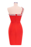 goosudu Rhinestone One Shoulder Bandage Cocktail Dress - Red