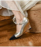 New Women's pumps Natural Leather 22-25cm Cowhide upper Wedge heel pointed toe stitching shoes Mary Jane shoes full leather