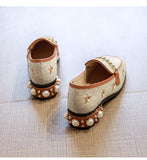 New Women Casual Shoes Pumps Spring Fashion Girl Star Embroidery Pearl Flax Chain High Heel Shoes Slip-on Loafers